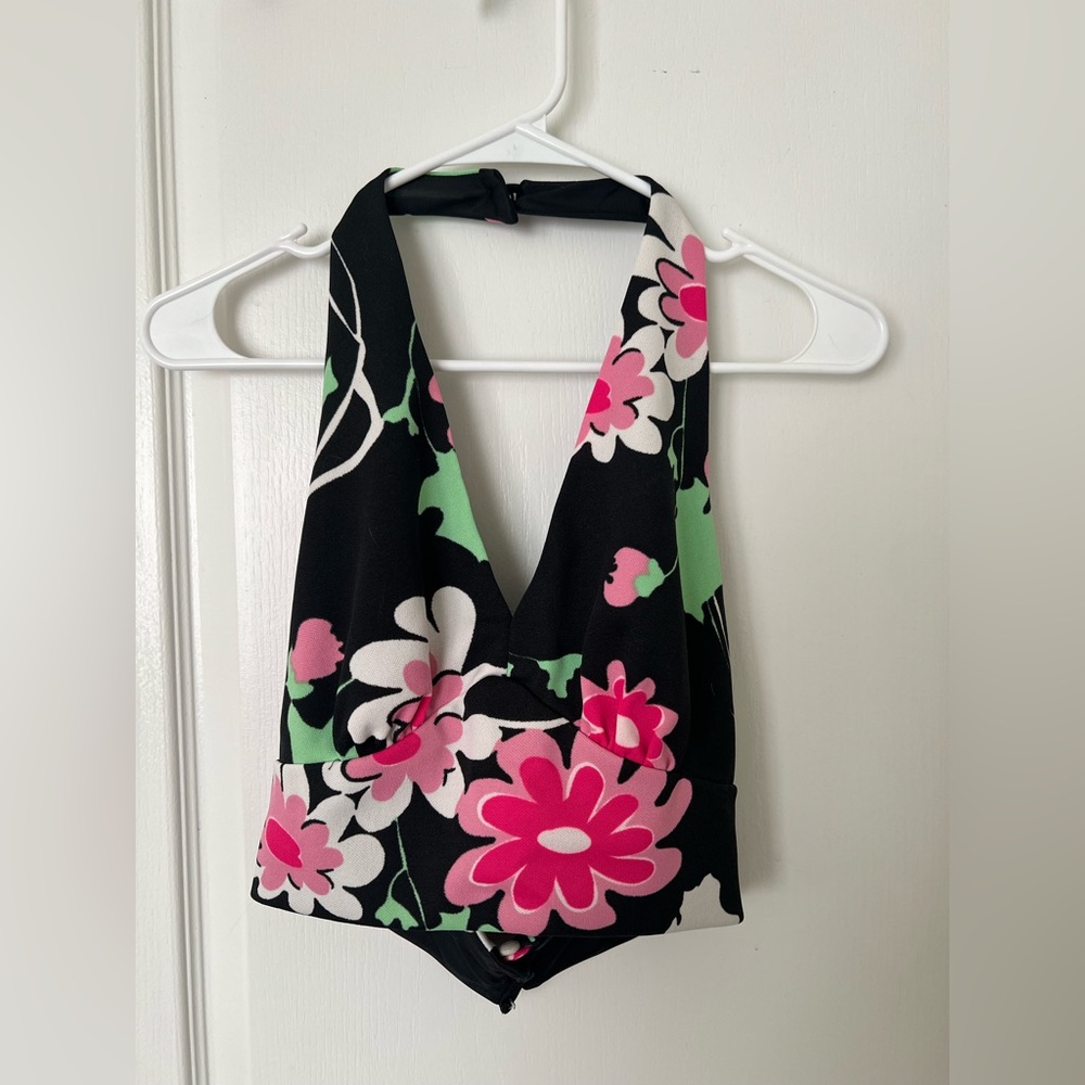 Vintage Handmade Flower Printed Cropped Halter Top